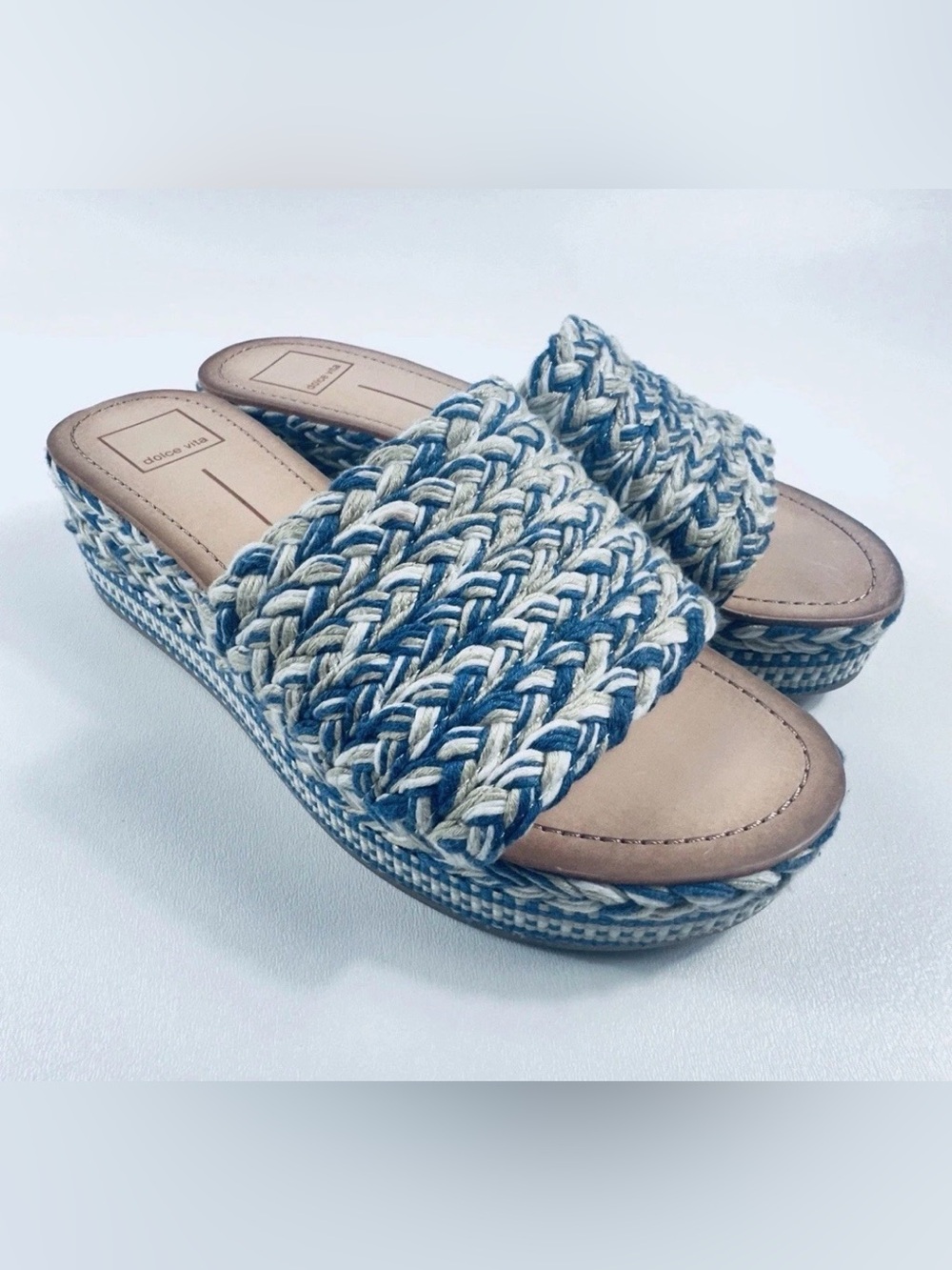 Dolce Vita Pazli Braided Platform Slide Sandals Blue Cream Women's Size 9
